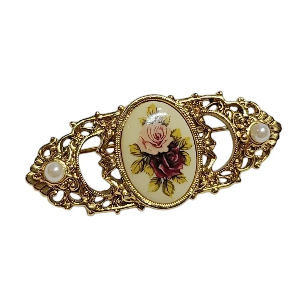 VTG 1928 Brand Painted Roses Faux Pearl Gold Tone Brooch Pin Victorian Revival